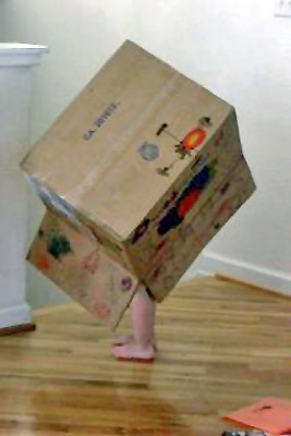 A photo of a shy kid in a box.