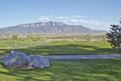 A photo of the Sandia Mountains from the Santa Ana Pueblo.