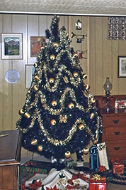 A photographic image of a Christmas tree with gold ornaments.