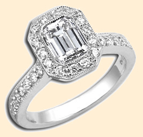 A photographic image of an emerald cut diamond ring.