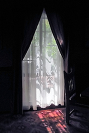 A photographic image of dark drapes with sheer curtains.
