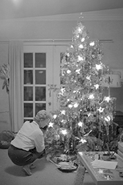A 1959 photographic image of a Christmas tree with electric lights.