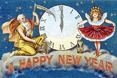 An image of a vintage postcard that says, 'A Happy New Year'. Illustration provided by Ars Vivendi.