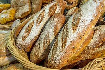 A photographic image of loaves of fresh bread in a basket.