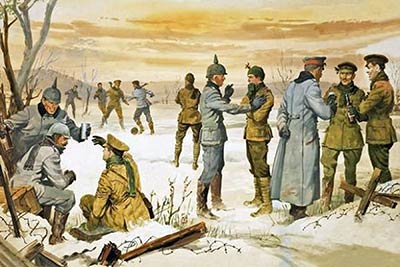 A painting that depicts the Christmas Truce of 1914. The painting is from The Bridgeman Art Library.