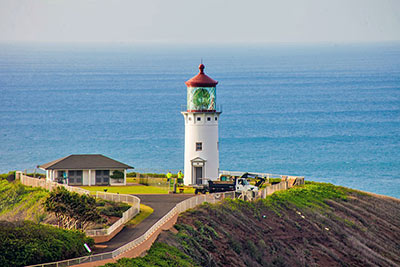 A close-up photographic image of the Kilauea Lighthouse on the island of Kauai in Hawaii.