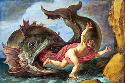 A painting of Jonah and a large fish.
