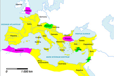 A map of the Roman Empire around the Mediterranean Sea.