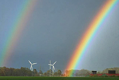 A photographic image of a double rainbow