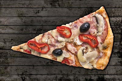 A photographic image of a pizza slice.